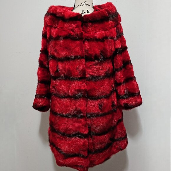 New Real Black Cross MINK Fur Overcoat Jacket Stroller Red Scarlet Panel Striped - Picture 1 of 7